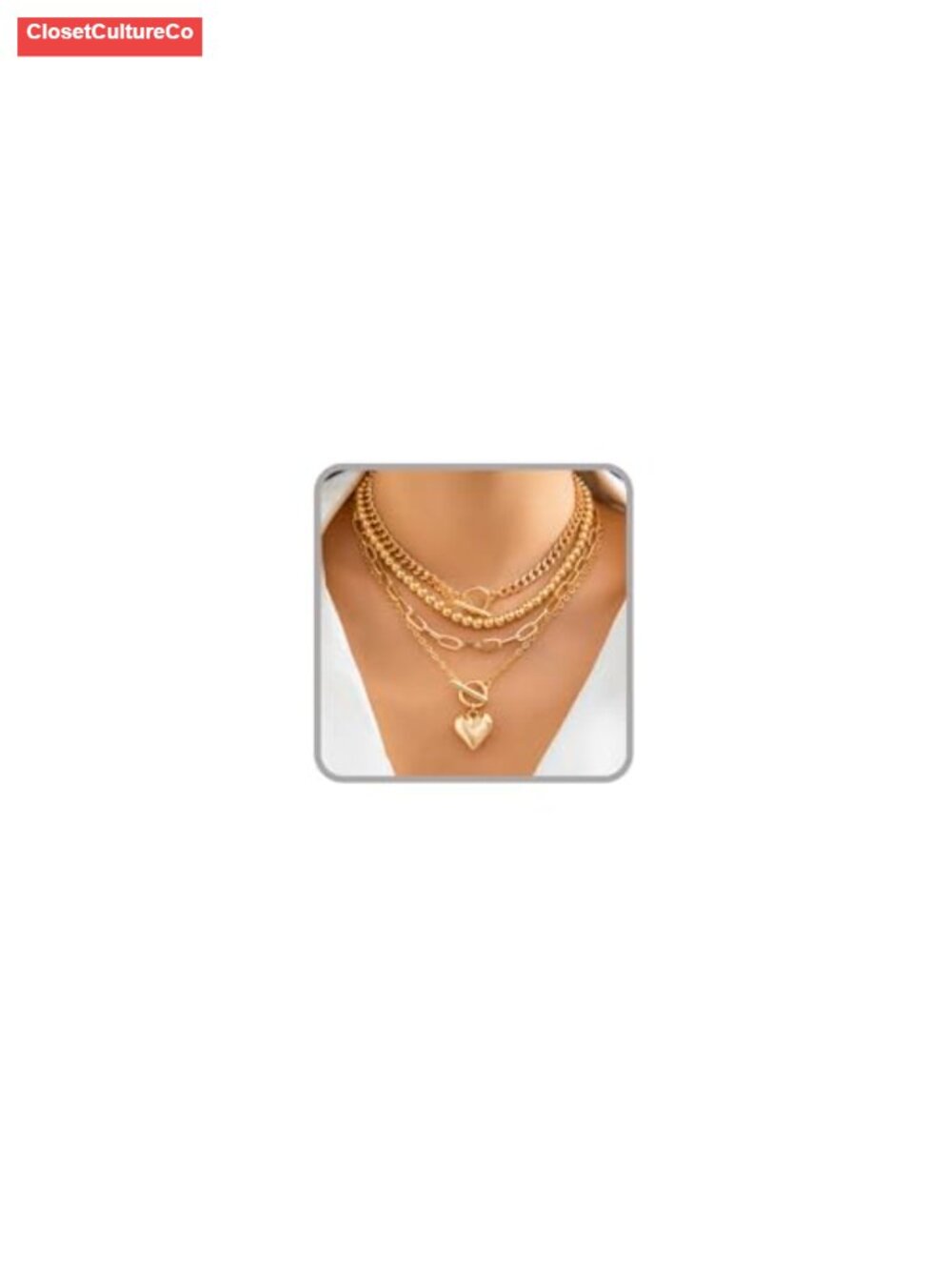 Layered Gold Necklace Set Chunky Paper Clip Chain Heart Pendant Adjustable